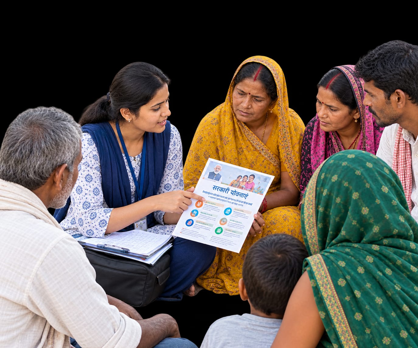 Kashvika Foundation grassroots facilitator explaining government schemes to rural community